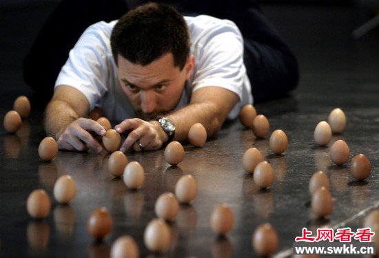 美国人BrianSpotts在地板上竖起了439个鸡蛋