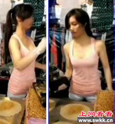 卷饼西施巨乳低胸卖饼 引路人纷纷驻足买饼