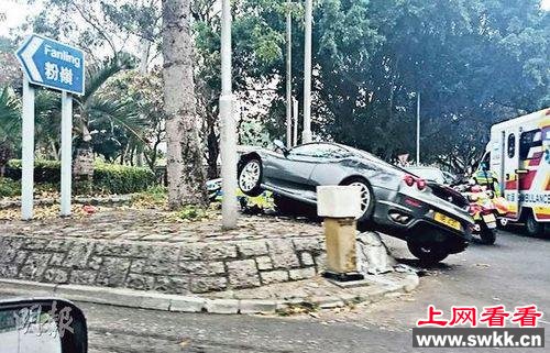 法拉利跑车避狗失控车头向天似凌空飞起（图）