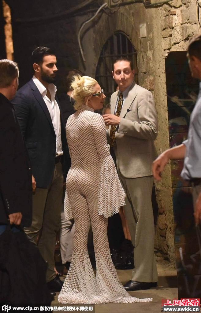 Lady Gaga着透视长裙装 遭男粉强搂 